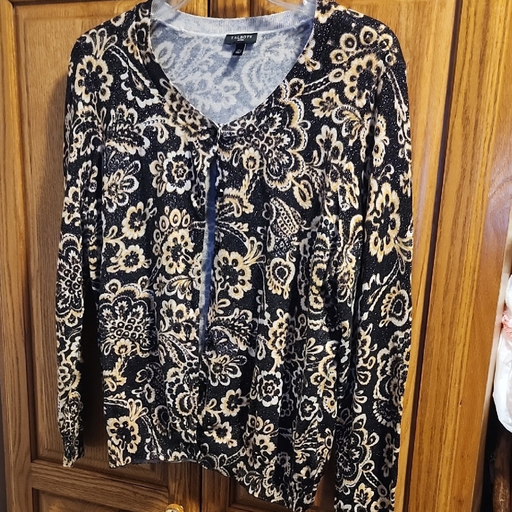 Talbots Black and Cream Floral Sweater